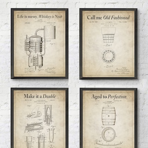 Whiskey Patent Wall Art Prints with Slogans, Set of 4, UNFRAMED, Vintage Whisky Photos, All Sizes