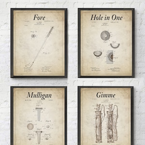 Golf Wall Art Prints with Slogans, Set of 4, UNFRAMED, Vintage golfer patents, All Sizes