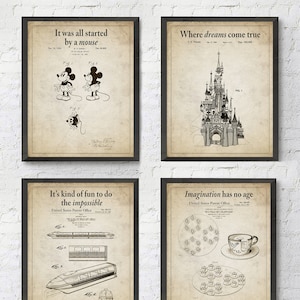 Disney Themed Patent Art Prints with Slogans, Set of 4,UNFRAMED, Mickey Mouse, Tea Cups, Cinderellas Castle, Monorail, Home Decor, All Sizes