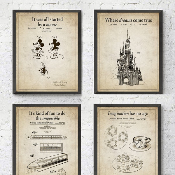 Disney Themed Patent Art Prints with Slogans, Set of 4,UNFRAMED, Mickey Mouse, Tea Cups, Cinderellas Castle, Monorail, Home Decor, All Sizes
