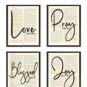 One Word Bible Verse Art Prints,Set of 4,UNFRAMED, Christian Gift, 1 Corinthians 13, Matthew 5, 1 Thessalonians 5 17, Psalm 16:11, All Sizes
