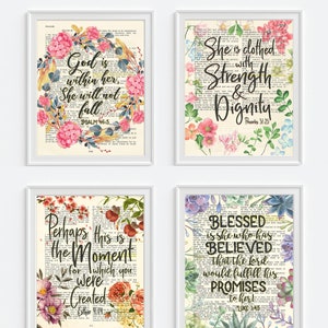 Bible Verse Favorites for Her Art Prints, Set of 4, UNFRAMED,Christian art gift,Proverbs 31:25, Luke 1 45, Esther 4 14, Psalm 46 5,All Sizes