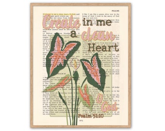 Create in Me A Clean Heart O God - Psalm 51:10 -ART PRINT or CANVAS, Vintage Bible page verse scripture, Boho Christian gift, All Sizes