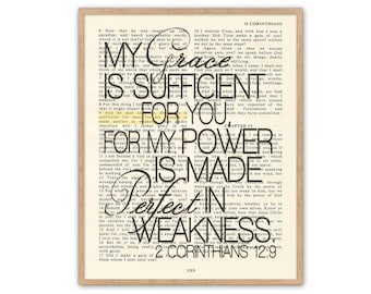 Escritura en versículo de la página de la Biblia vintage - Mi gracia es suficiente para ti -2 Corintios 12:9 ART PRINT o LIENZO regalo cristiano, todos los tamaños