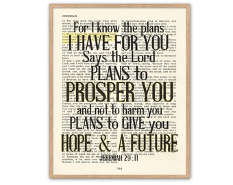 For I know the Plans - Jeremiah 29:11 ART PRINT or CANVAS, Vintage Bible page verse scripture, Christian wall decor gift, All Sizes