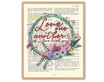 Love one another as I have loved you- John 15:12 ART PRINT or CANVAS, Vintage Bible page verse scripture, Christian gift for her, All Sizes