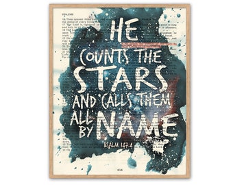 Vintage Bible page verse scripture- He counts the stars and calls them by name - Psalm 147:4 ART PRINT or CANVAS Christian gift, All Sizes