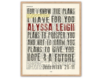 Personalized Vintage Bible Verse Scripture ART PRINT of CANVAS-For I know the Plans I have for you -Jeremiah 29:11 Christian gift, All Sizes