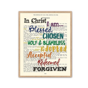 In Christ I am -Ephesians 1 ART PRINT or CANVAS, Vintage Bible page verse scripture,  Christian wall art gift, All Sizes