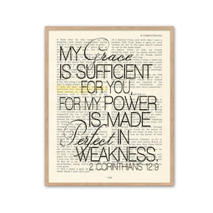 Vintage Bible page verse scripture - My Grace is sufficient for you -2 Corinthians 12:9 ART PRINT or CANVAS christian gift, All Sizes