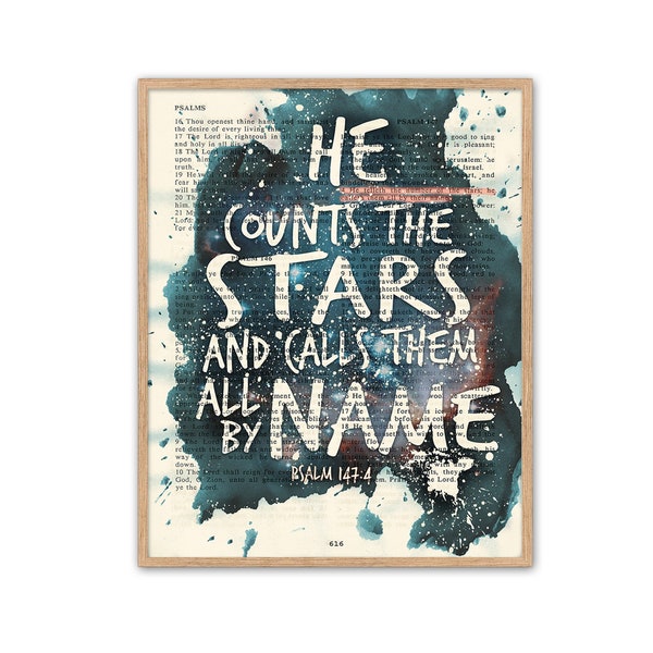 Vintage Bible page verse scripture- He counts the stars and calls them by name - Psalm 147:4 ART PRINT or CANVAS Christian gift, All Sizes
