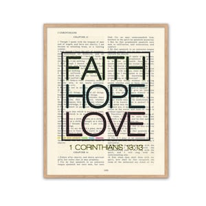 Vintage Bible page verse scripture -Faith Hope Love - 1 Corinthians 13:13 ART PRINT or CANVAS christian gift, All Sizes
