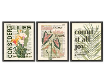 Plant Set of 3, James 1:2, Matthew 6 28, Psalm 51 10, UNFRAMED, Vintage Bible Verse Page, Floral Christian Home Wall Decor, All Sizes