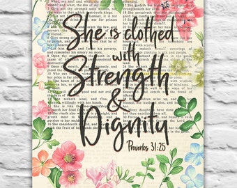 Scripture illustration Inspiring lifestyle illustration 8x10 print She is clothed with strength and dignity Proverbs 31 Quote