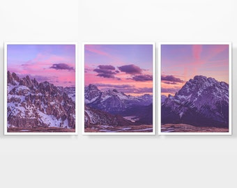 Dolomites Mountain Range Panoramic Photography Prints, Set of 3, UNFRAMED, Rocky Mountains Sunset Home and Wall Art Decor Poster, All Sizes