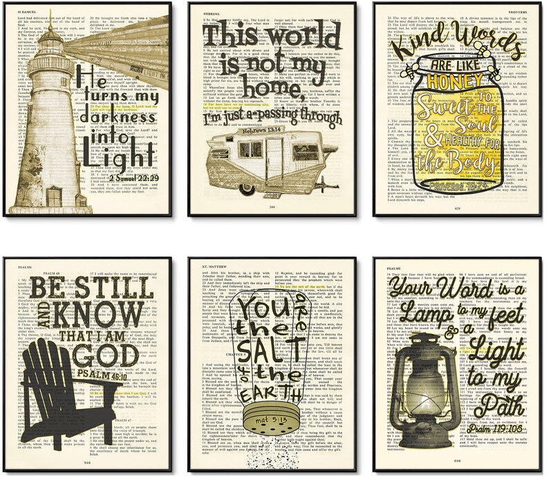 May include: Six printable wall art prints with inspirational quotes and bible verses. Each print features a vintage-style illustration, including a lighthouse, a camper, a jar of honey, a rocking chair, a salt shaker, and a lantern.