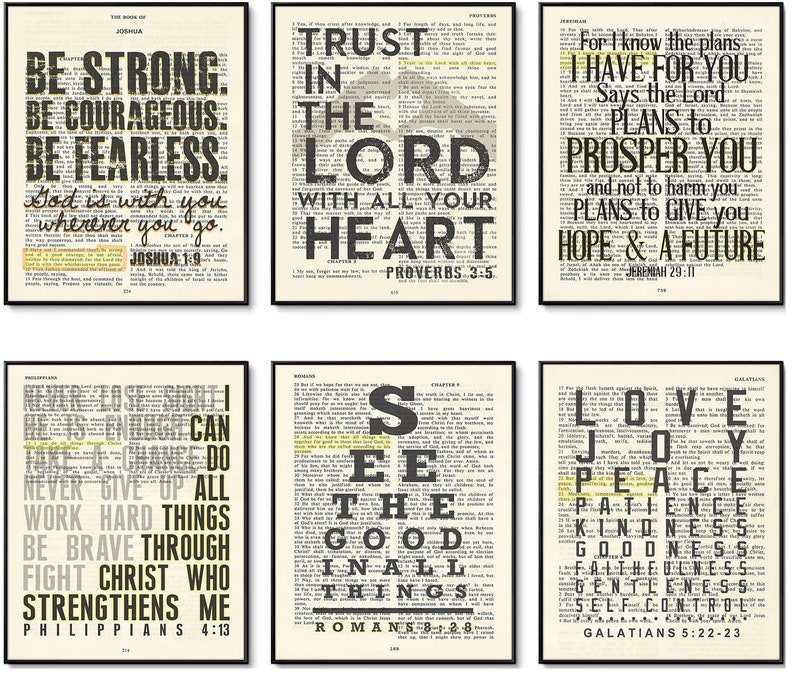 May include: Set of six printable wall art prints featuring bible verses in a vintage style. The prints are black and white with yellow highlights. The verses are: "Be strong, be courageous, be fearless. God is with you wherever you go. Joshua 1:9", "Trust in the Lord with all your heart. Proverbs 3:5", "For I know the plans I have for you, says the Lord, plans to prosper you and not to harm you, plans to give you hope and a future. Jeremiah 29:11", "Never lose sight, be courageous, I can do all things. Philippians 4:13", "See the good in all things. Romans 8:28", "Love, joy, peace, patience, kindness, goodness, faithfulness, gentleness, self-control. Galatians 5:22-23"