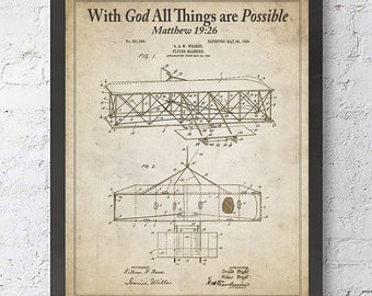 May include: A vintage, sepia-toned patent drawing for a flying machine, with the text "With God All Things are Possible" and "Matthew 19:26" at the top. The drawing shows a detailed diagram of the aircraft, with numbered parts and labels. The patent number is 821,203, and the inventor is listed as Orville Wright.