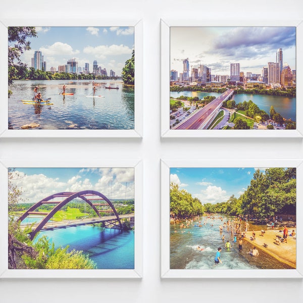 Vintage Austin Texas Photography Prints, Set of 4, UNFRAMED, Downtown, Skyline, Barton Springs Home Wall Art Decor Poster, All Sizes