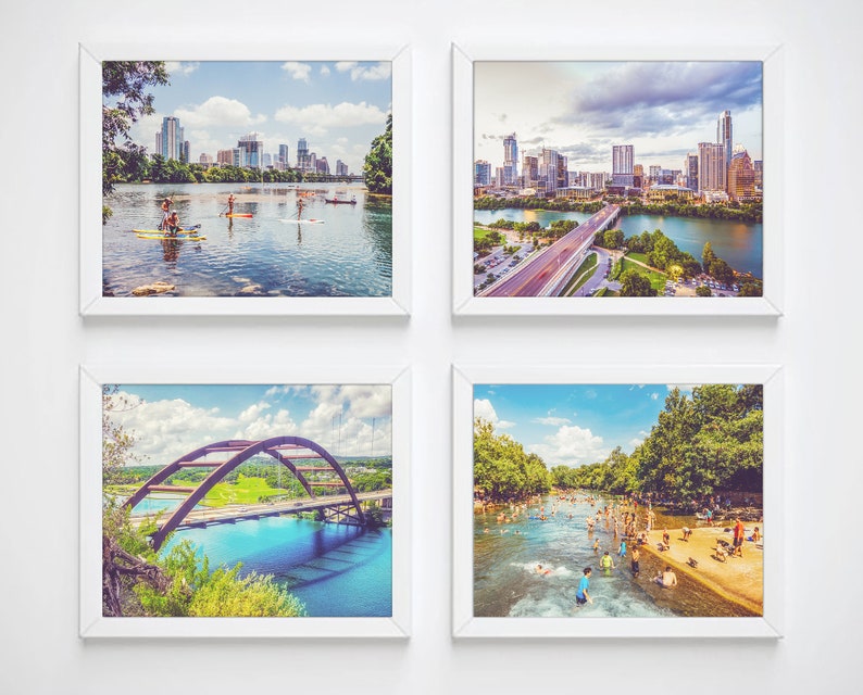 Vintage Austin Texas Photography Prints, Set of 4, UNFRAMED, Downtown, Skyline, Barton Springs Home Wall Art Decor Poster, All Sizes Bild 1