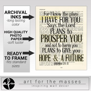 May include: A vintage-style art print with a black and white image of a bible verse. The verse is from Jeremiah 29:11 and reads "For I know the plans I have for you, plans to prosper you and not to harm you, plans to give you hope and a future." The print has a distressed, aged look and is framed with a black border.