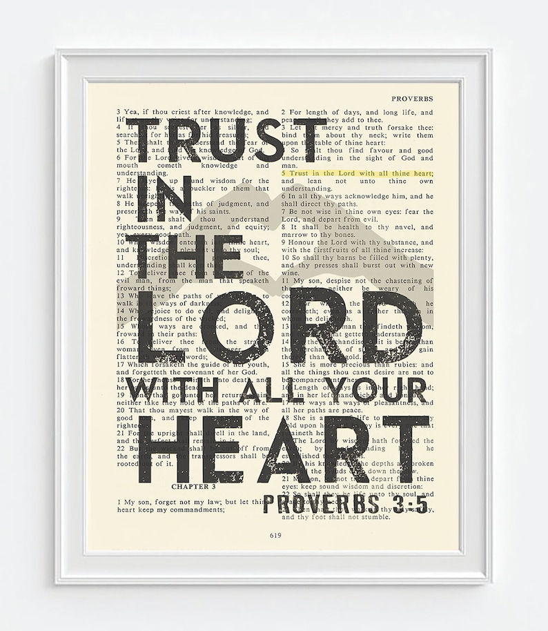 May include: A vintage-style printable wall art design featuring a Bible verse from Proverbs 3:5. The text is in black and white, with a yellow highlight on the verse number. The background is a cream color.