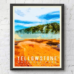 May include: A vintage-style poster with a colorful illustration of a landscape with a blue sky, green trees, and a yellow and orange ground. The text "YELLOWSTONE NATIONAL PARK ESTABLISHED 1872" is at the bottom of the poster.