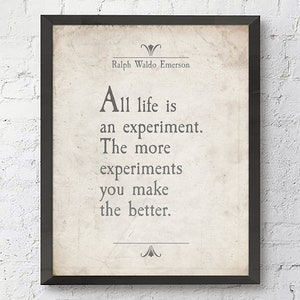 May include: A framed print with a quote by Ralph Waldo Emerson: "All life is an experiment. The more experiments you make the better."