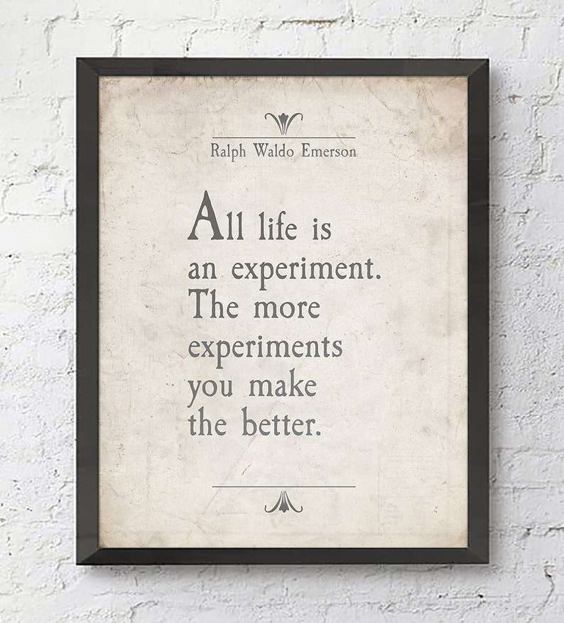 May include: A framed print with a quote by Ralph Waldo Emerson: "All life is an experiment. The more experiments you make the better."