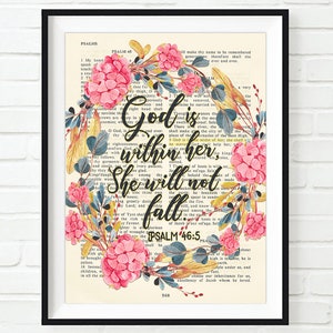 Vintage Bible page verse scripture -God is within her, She will not fall - Psalm 46:5 ART PRINT or CANVAS christian gift for her, All Sizes
