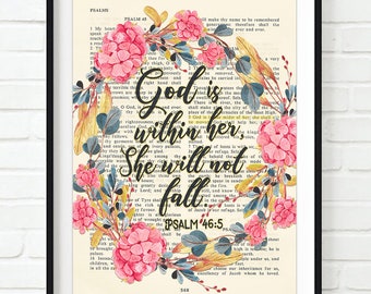 Vintage Bible page verse scripture -God is within her, She will not fall - Psalm 46:5 ART PRINT or CANVAS christian gift for her, All Sizes