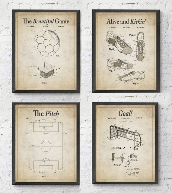 Vintage Soccer Patent Wall Art Prints with Slogans, Set of 4, UNFRAMED, Soccer ball, goal, the pitch, cleat patent wall art, All Sizes