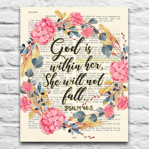 Vintage Bible page verse -God is within her, She will not fall - Psalm 46:5 Instant DIGITAL DOWNLOAD,8x10 11x14 dictionary christian gift