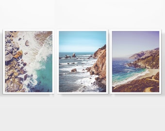 Vintage Big Sur California Photography Prints, Set of 3, UNFRAMED, Coastal Rocky Mountain Shore Wall & Home Decor, All Sizes