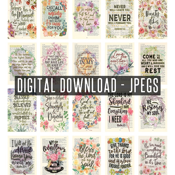Digital Dowload- 20 Jpegs Floral Bible Page Verse Collage Kit - Vintage Christian Gift, Teen Room Wall, Dormitory Bedroom Decor, 4x6 Jpegs