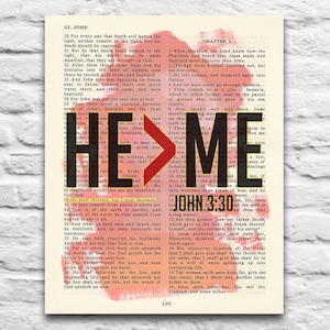 May include: A vintage-style print of a Bible passage from the book of John, chapter 4, verses 20-36. The text is in black and white, with a red and pink watercolour background. The text is highlighted in red, with the word "HE" in large, bold letters.