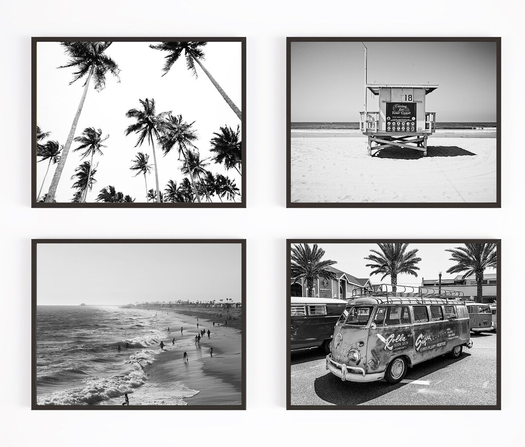 Black and White Beach Photography Prints, Set of 4, UNFRAMED, Palm