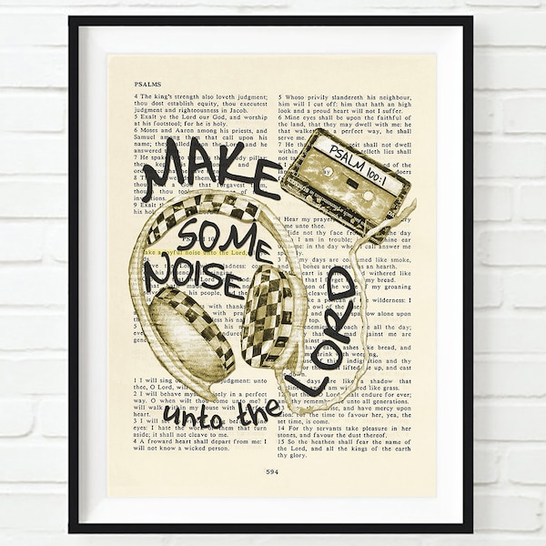 Vintage Bible page verse scripture-Make some noise unto the Lord- Psalm 100:1 ART PRINT or CANVAS retro headphone Christian gift, All Sizes