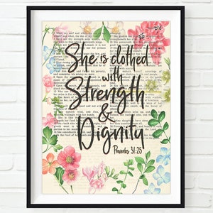 Vintage Bible page verse scripture -She is clothed with Strength & Dignity - Proverbs 31:25 ART PRINT or CANVAS christian gift, All Sizes