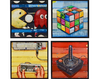 80s Retro Gaming Art Prints - Danny Phillips Mixed Media Collage, Set of 4 (UNFRAMED)