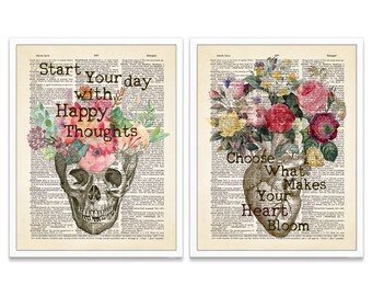 Skull and Heart Bouquet  Dictionary ART PRINTS, Set of 2,  UNFRAMED, Floral Vintage Highlighted Dictionary Page, All Sizes