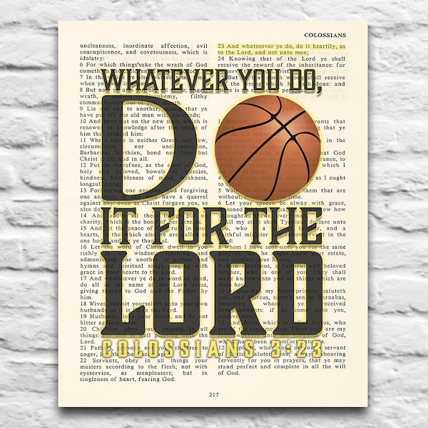 Vintage Bible page verse scripture - Whatever you Do - Colossians 3:23 Instant DIGITAL DOWNLOAD, 8x10 11x14, Basketball gift, christian gift