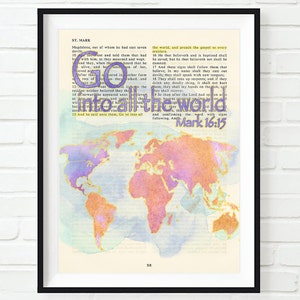 Écriture sainte vintage de vers de page de page - allez dans le monde entier - cadeau de Noël chrétien d&#39;impression d&#39;ART de 16:15 de marque ou d&#39;atlas du monde de toile, toutes les tailles