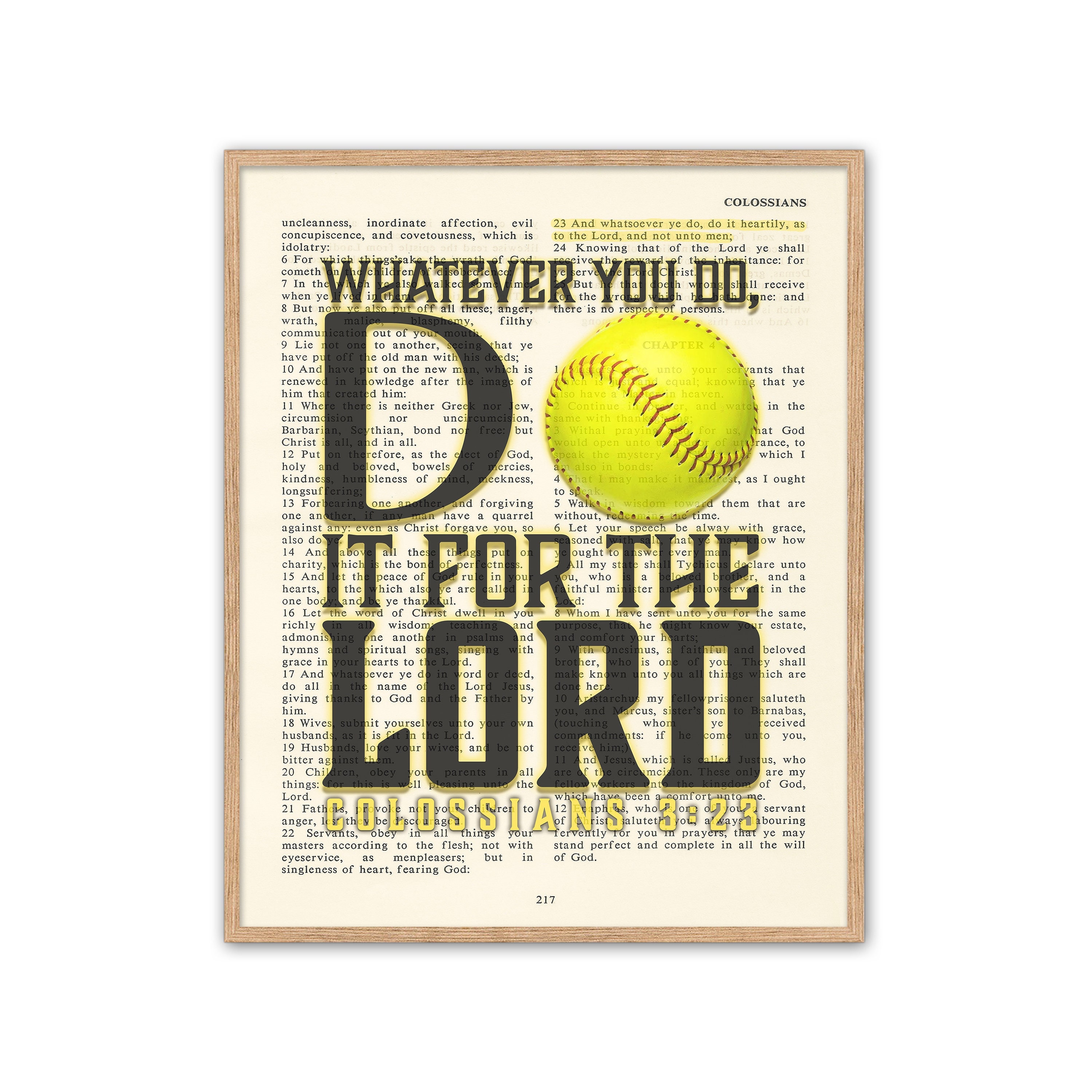 Softball -Whatever you do, do it for the Lord - Colossians 3:23  ART PRINT or CANVAS -Vintage Bible page vers, Christian gift, All Sizes