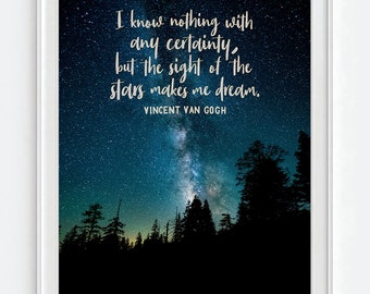 May include: A framed print with a quote by Vincent van Gogh about the stars. The quote reads: "I know nothing with any certainty, but the sight of the stars makes me dream." The background image is a dark blue night sky with a milky way galaxy and a silhouette of trees.