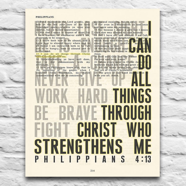 Vintage Bible page verse - I Can Do All Things - Philippians 4:13 Instant DIGITAL DOWNLOAD, 8x10 11x14, Christian gift