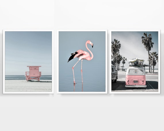 Pink Themed Coastal Photography Prints, Set of 3, UNFRAMED, Coastal photos, Pink Flamingo, Antique Car Van Wall Art Decor Poster, All Sizes
