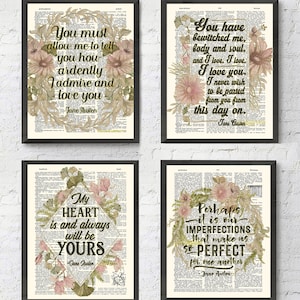 Jane Austen quotes ART PRINTS, Set of 4,  UNFRAMED, Literary quote, Literature gift, Floral Vintage Highlighted Dictionary Page, All Sizes
