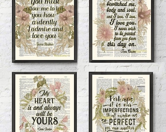 Jane Austen quotes ART PRINTS, Set of 4,  UNFRAMED, Literary quote, Literature gift, Floral Vintage Highlighted Dictionary Page, All Sizes