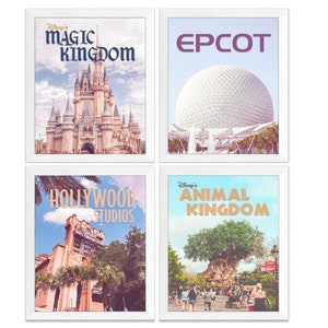 Vintage Disney-Magic Kingdom-Epcot-Animal Kingdom-Hollywood Studio-Poster Prints, Set of 4, UNFRAMED, Home Wall Art Decor, All Sizes